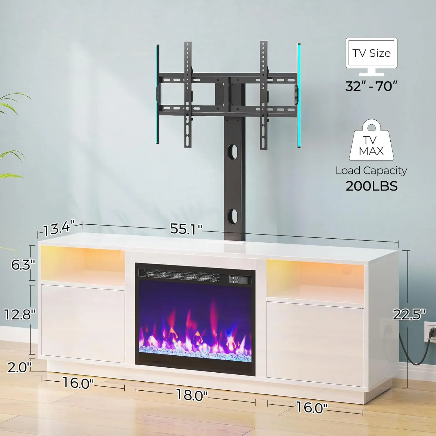 Fireplace TV Stand with Led Lights and Power Outlets, Entertainment Center with Electric Fireplace, Swivel TV Stand Mount 3
