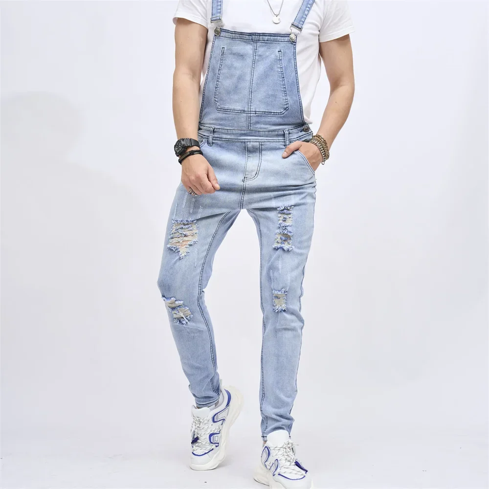 Men Strap Jeans Stylish Slim Ripped Biker Stretch Skinny Male Holes Bib Overalls Jumpsuits Denim Trousers For Men's