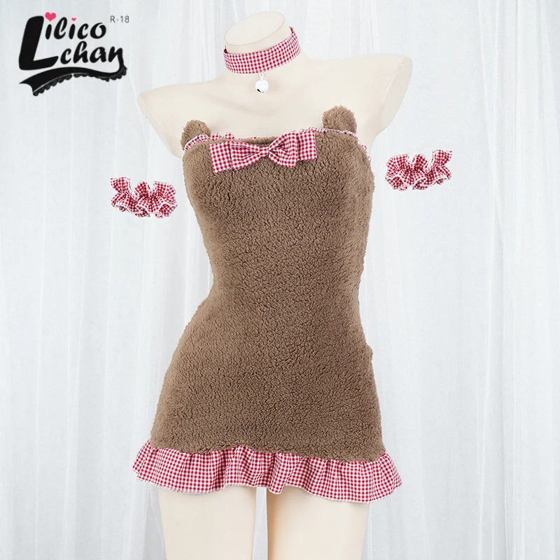 

Plush Backless Women Maid Dress Kawaii Lolita Cosplay Costumes Tempatation Japanese Sexy Lingerie Set Bow Ruffles Nightgown New