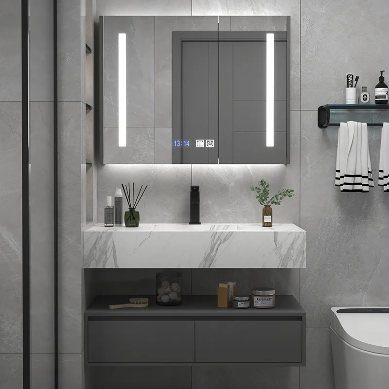 Luxury Hotel Floating Double Basins Bathroom Vanity Set Modern Bath Cabinet With Led Mirror