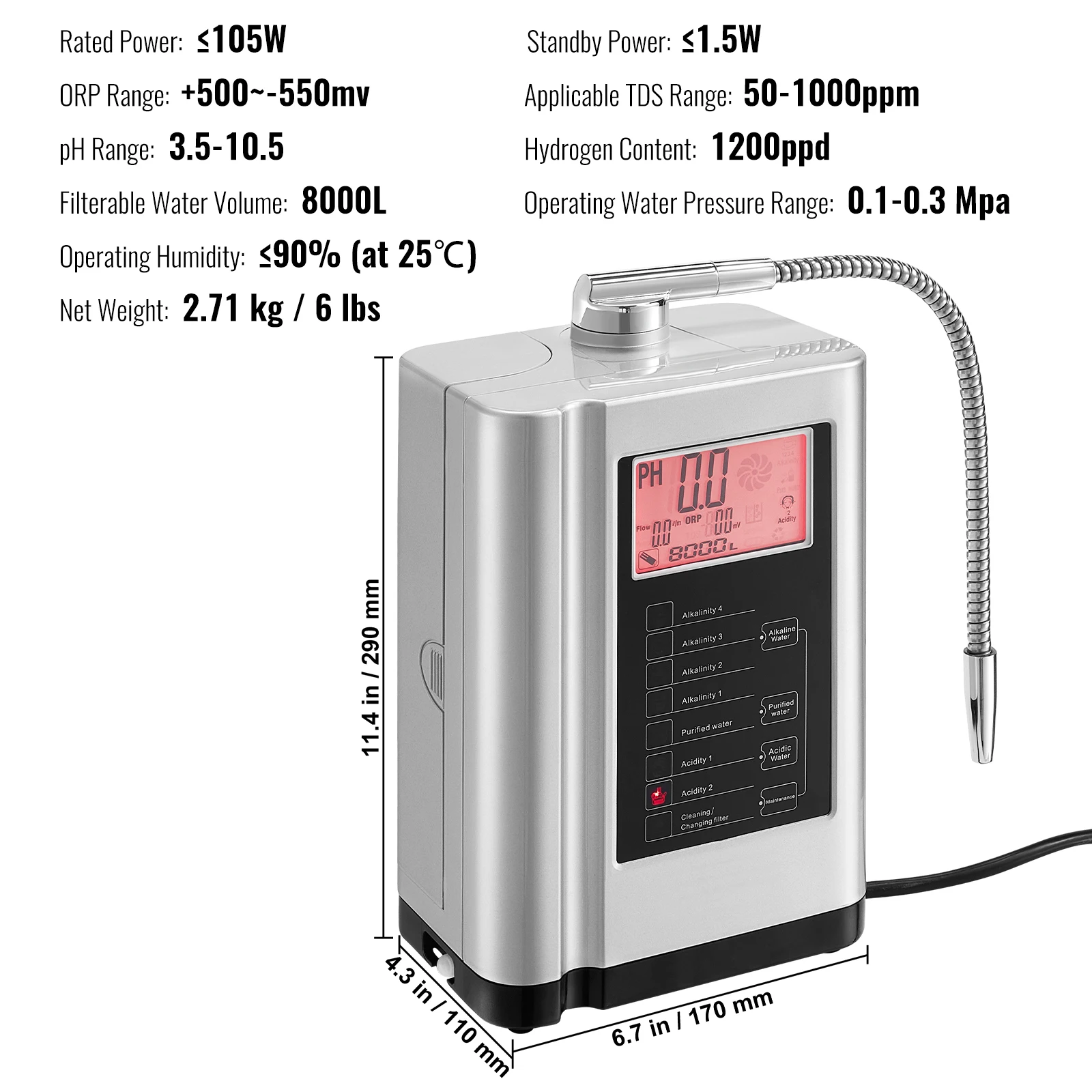 VEVOR Alkaline Water Ionizer Machine pH 3.5-10.5 Alkaline Acidic Hydrogen Water Purifier 7 Water Settings Home Filtration System