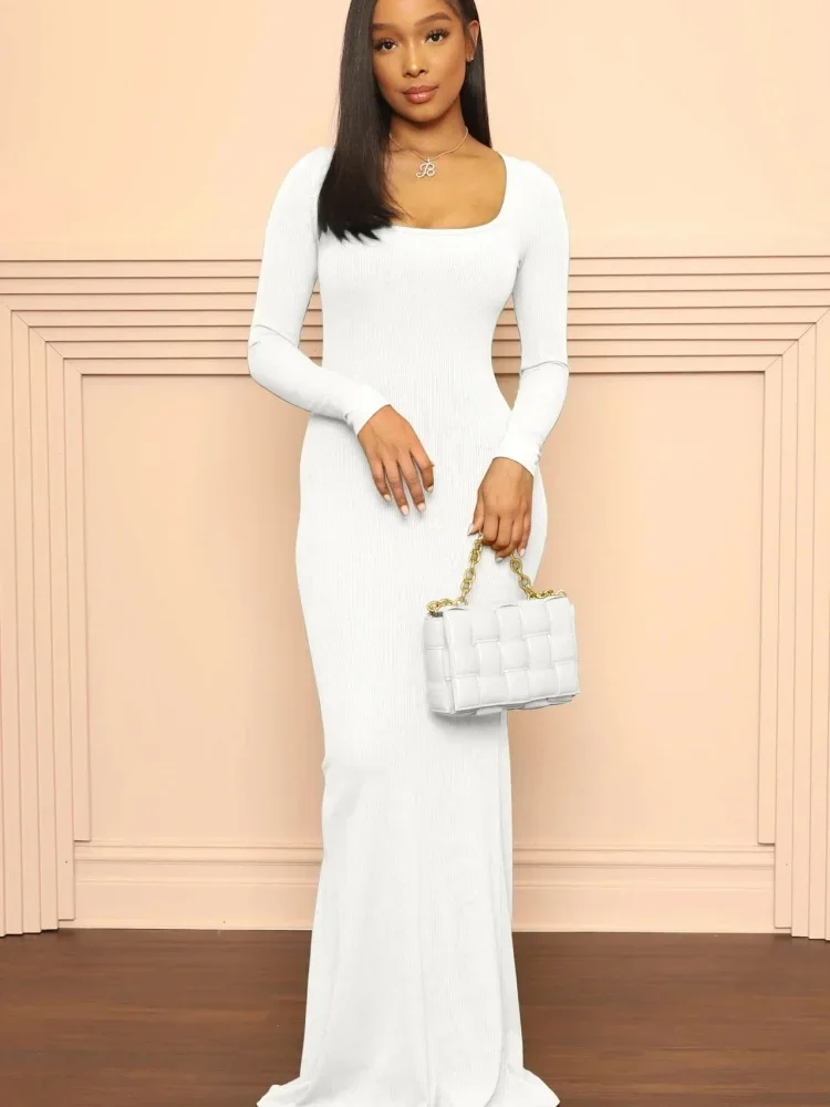 Wmstar Dress Women Autumn New Solid Color Fashionable Slim Fit U-neck Long Sleeved Ribbed Pit Stripe Dresses Dropshipping 2024