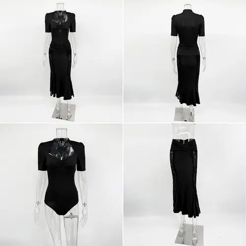 Ticketsx Sexy Lace Dress Set Women Fashion V-Neck See-Through Patchwork Pleated Slim Skirts Set Elegant Party Evening Dress Set - Image 6