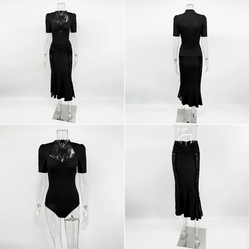 Ticketsx Sexy Lace Dress Set Women V-Neck See-Through Patchwork Pleated Slim...