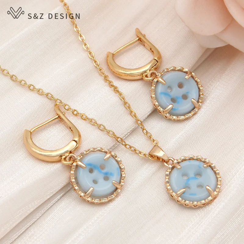 S&Z DESIGN New Fashion Personality Round Button Dangle Earrings Jewelry Sets For Women Wedding Gold Color Pendant Necklace