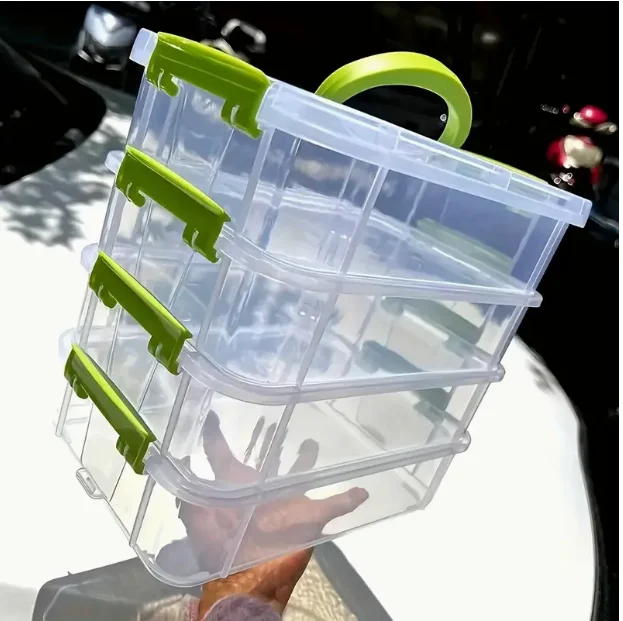 Organizzatore di Stoccaggio in Plastica a 4 Livelli Impilabile con Maniglia Portatile, Contenitore Salvaspazio per Gadget Domestici, Ufficio - immagine 3