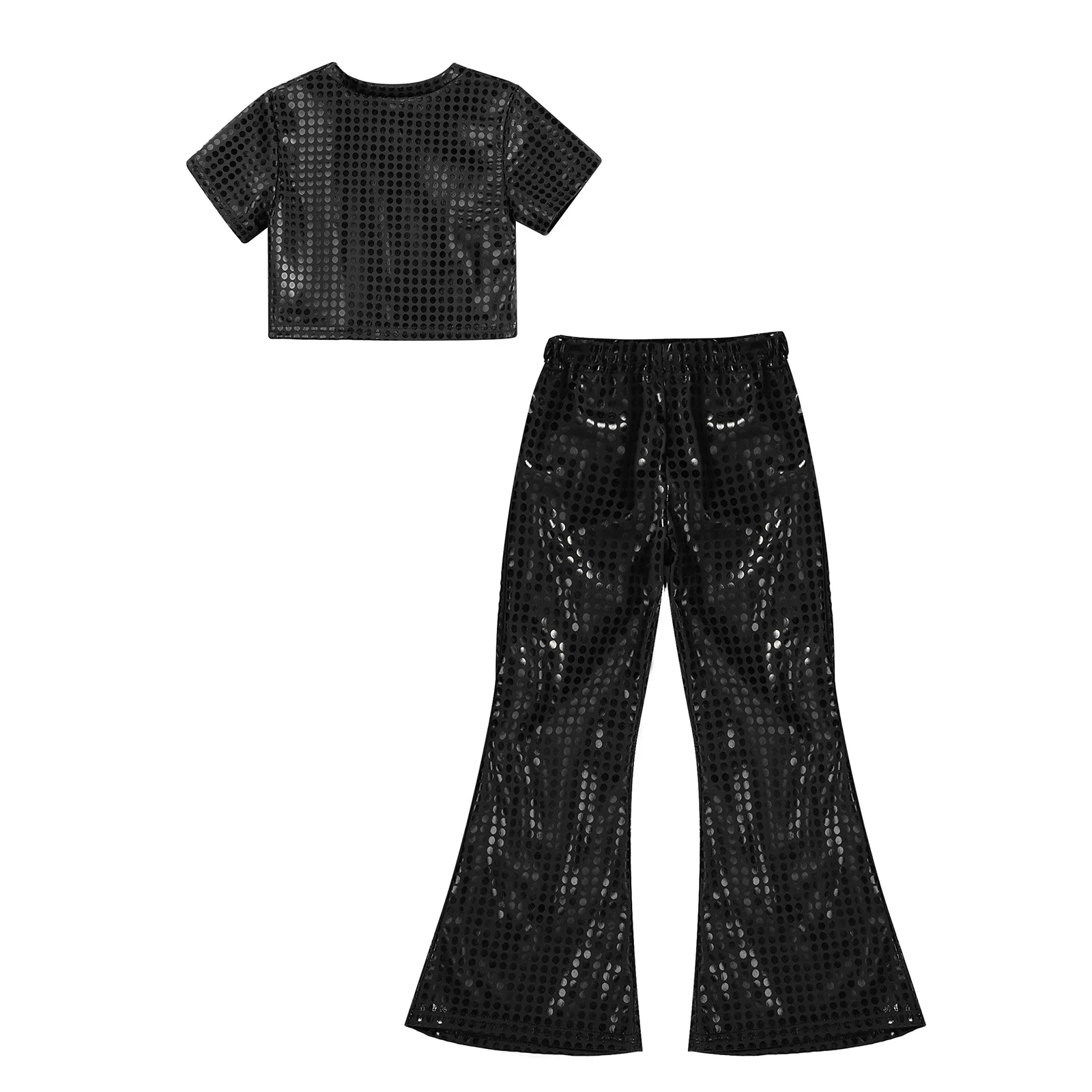 Kinder Mädchen glänzend metallisch Jazz Hip Hop Tanz Disco Rave Party Bühne Performance Kostüm Kurzarm Crop Top mit ausgestellten Hosen – Detail 33