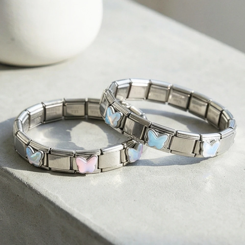 GEMOSA Klassisches Buntes Schmetterlings-Charm-Armband für Damen, Italienisches Gliederarmband Passend für 9mm Edelstahl-Schmuckzubehör DIY