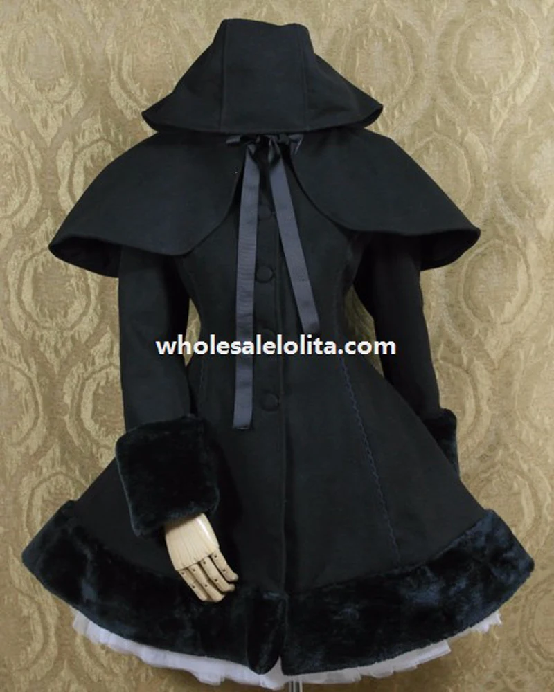 

CountryWomen Black Retro Sweet Lolita Winter Coat Fur Cloak Thick Wool Windproof Jacket Winter Warm Cloak Princess Skirt