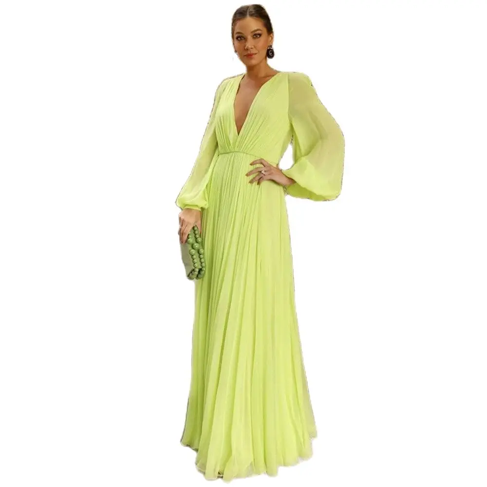 Sleeveless Long Gown with Plunging V Neck Lemon