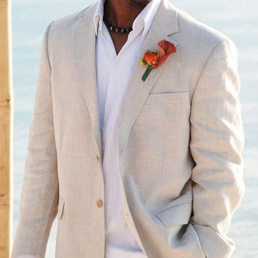 

Beige Linen Men's Suits for Summer Beach Wedding 2 Piece Italian Coat Set Jacket with Pants Bespoke Groom Tuxedos Male Fashion