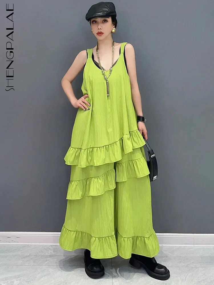 

SHENGPALAE Women's Dress With Hanging Strap Ruffle Edge Large Swing A-line Elegant Fashion Loose Dresses 2024 Summer New 5R9954