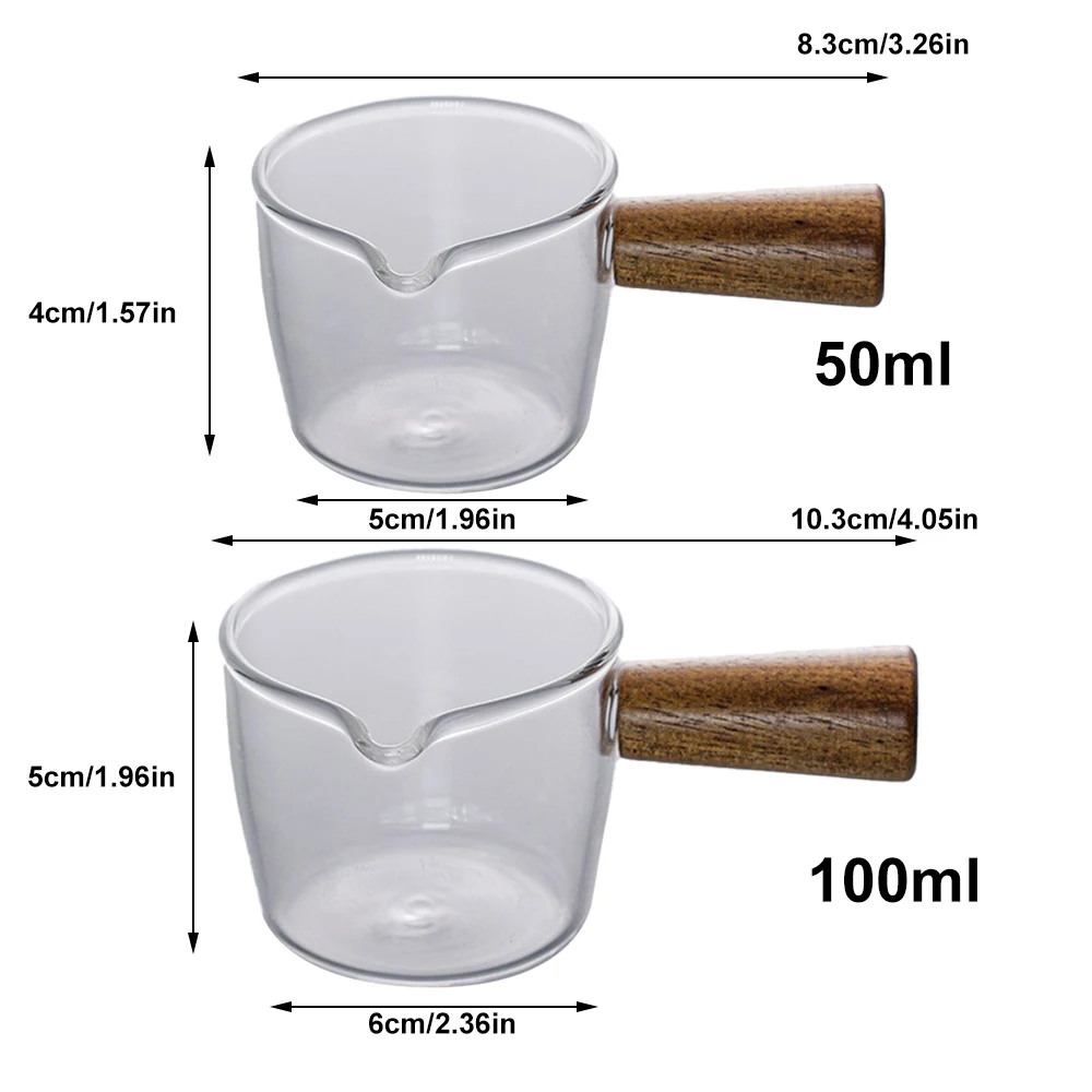 50/100ml Wood Handle Glass Espresso Measuring Cup Milk Cup Multi-functional Kitchen Measure Mug Coffee Supplies Clear measuring cup