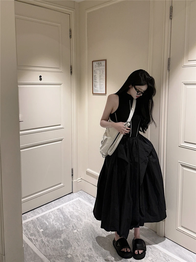 Casual Black Knitted Dresses for Women Sleeveless Vest Dress A-line Casual Korean Fashion Half High Collar Autumn New Vestido