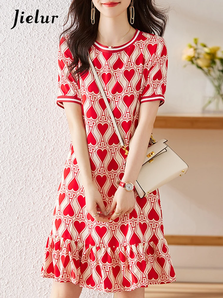 

Jielur Korean New Style Chiffon Female Dress Slim Ladies Fashion Short Sleeve Dresses Summer Elegant O-Neck Ruffles Dress Woman