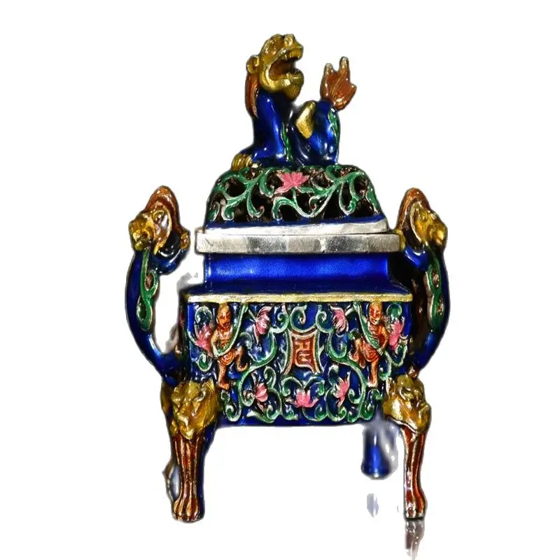 

Китай, Старый Пекин, подержанные товары, чистый латунный Цвет, перегородчатый двойной дракон, уши льва, крышка, курильница