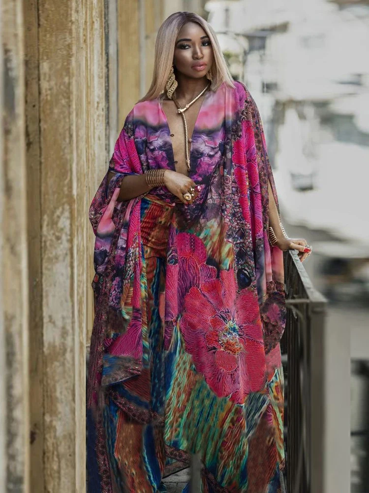 2023 Elegant Kaftan Long Print Tunic Loose Maxi Dress Vintage Bikini Women Summer Clothing Beach Wear Swim Suit Cover Up A2020 4