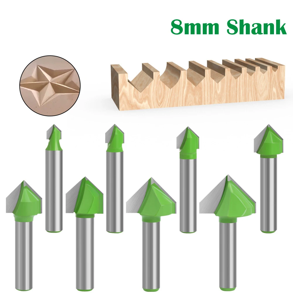

1PC 8MM Shank Milling Cutter Wood Carving 90 V Type Slotting Cutter Carving Grooving Tools router bit set Safety Milling Cutters