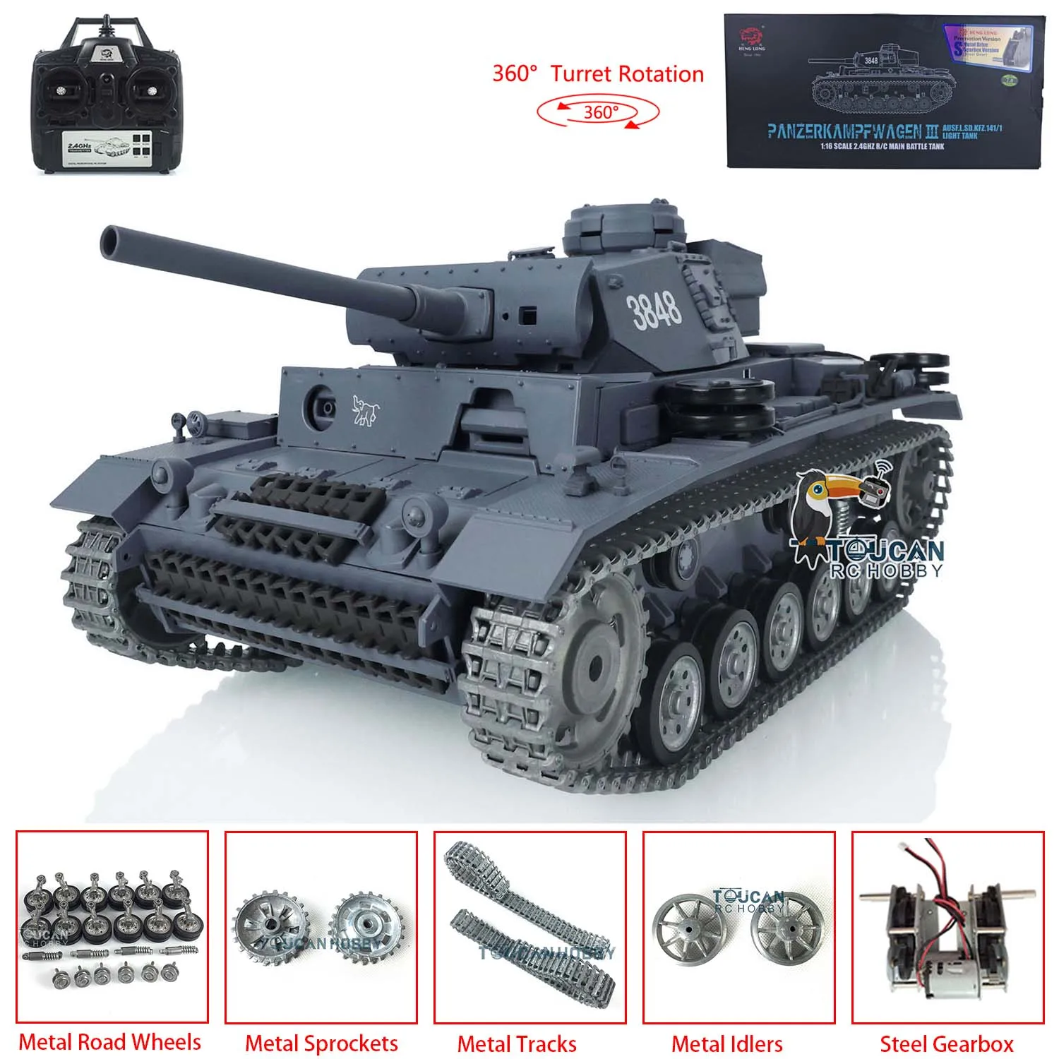 1/16 HENG LONG 3848 7.0 커스텀 팬저 III L RTR RC 탱크 (남아용) 금속 트랙 휠 제어 팬저 장난감 TH17345-SMT4