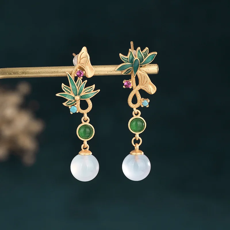 

China Style Creative Design Asymmetric Lotus Pendant Earrings White Natural Chalcedony Green Plant Ear Jewelry Women Earrings