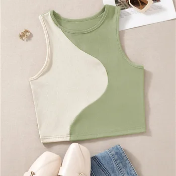 Women's Color Block Rib Knit Tank Top Y2K Clothes Summer Grunge Casual O-neck Sleeveless Patchwork Crop Top Tee Streetwear