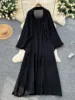 Robe chemise pour femmes musulmanes, ensemble deux pièces, costumes modestes solides, Ensemble musulman du Ramadan, Maroc, dubaï, Abayas, tenues islamiques Jalabiya