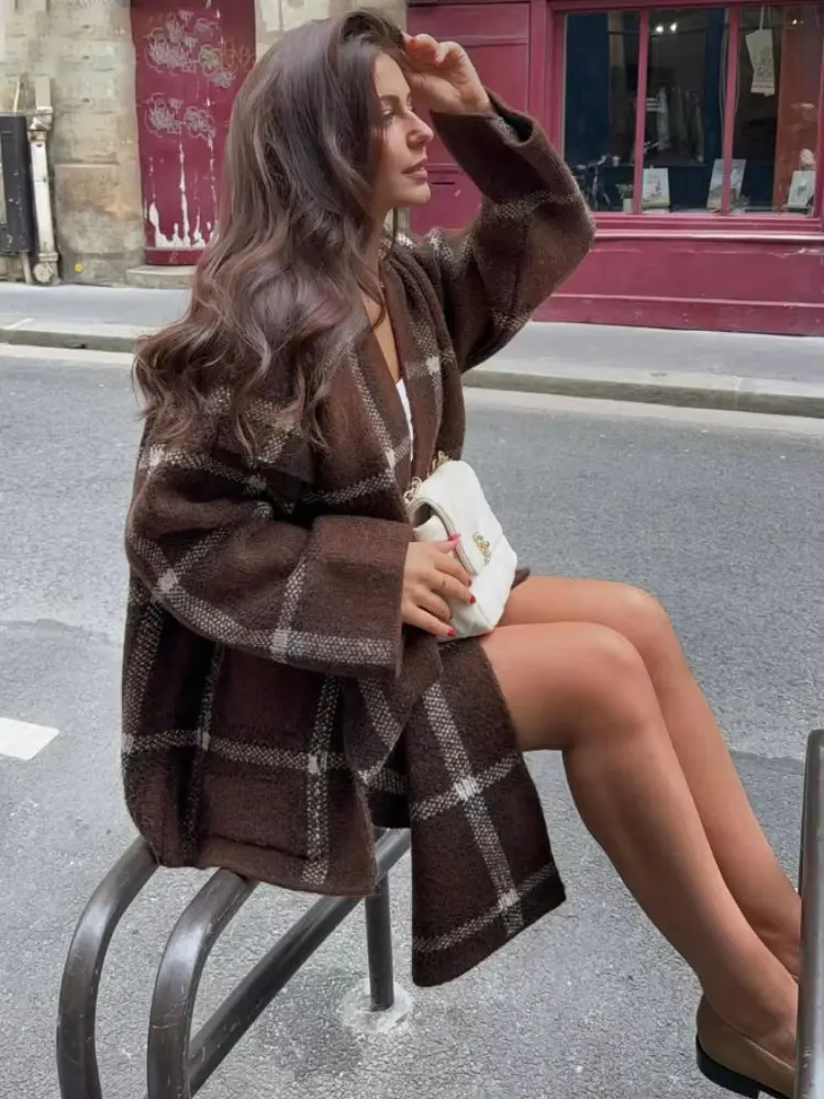 HH Autumn Women Plaid Knit Scarf Collar Cardigan Coat Long Sleeve Oversize Jacket With Pockets Fashion High Street Lady Clothing