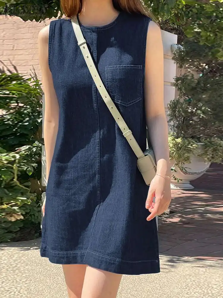 

ZANZEA Fashion Jeans Dress Summer Vintage Denim Dresses Women Casual O Neck Sleeveless Tanks Vestidos Beach Holiday Sundress
