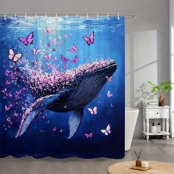 Tenda da doccia Dreamy Ocean Fantasy da 1 pezzo: design maestoso balena blu e insetti alati rosa, sfumato d'acqua illuminato al sole, Mari etereo 1