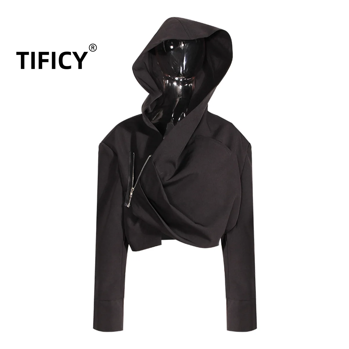 TIFICY Hooded Jacket Women's Autumn New Fashion Spicy Girl Asymmetric Pleated Zipper Loose Short Black Jackets Top tificy denim pants summer women s new pioneer slim hollow high waist pleated front spicy girl denim bell bottoms pants