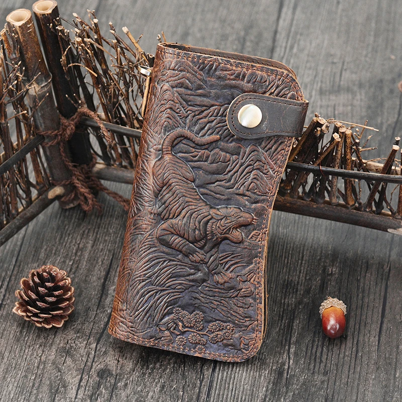 

Newsbirds luxury brand designer men leather wallet 3D Tiger Dragon embossing cowhide men's wallet with iron chain high fashion