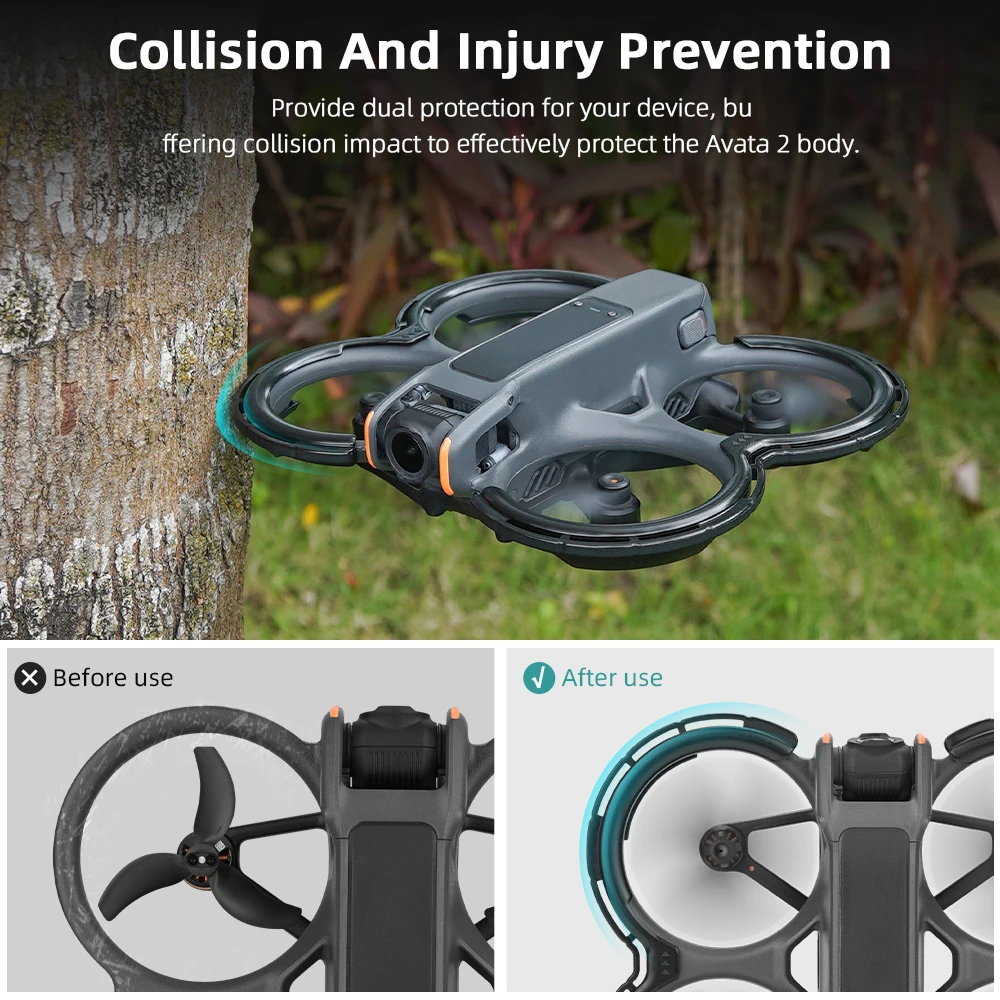 Lot de trois protège-hélices pour drone Amato 2 en TPU, couleurs bleu, orange et noir.