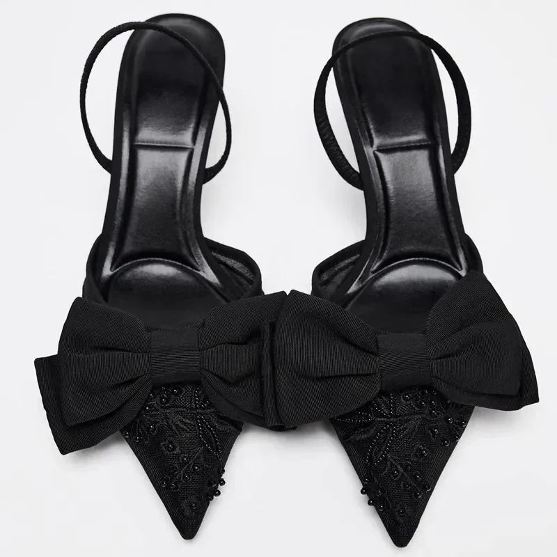 Brand Designer Thin High Heels Women Bow String Bead Pointed Slingback Mules Pumps Mesh Embroider Elegant Dress Sandals Female women slingback sandals,women high heels shoes,women dress shoes