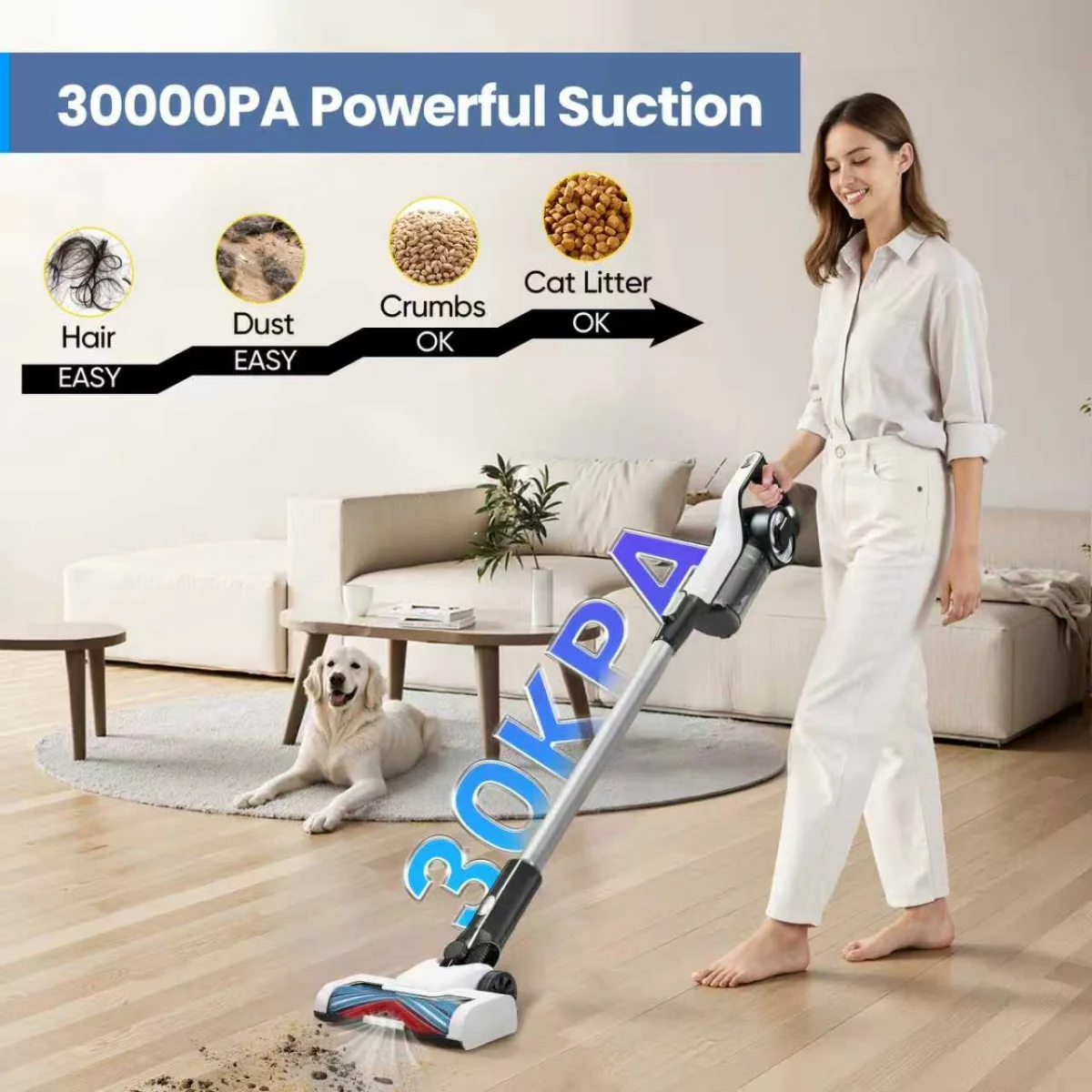 30KPA/40Mins Cordless Vacuum Cleaner, with Upgraded Green Light & Anti-Tangle Floor Brush,for Home,Carpets, Pet Hair,Hard Floor 2