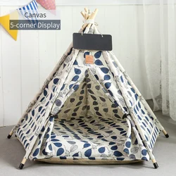 Cozy Pet Teepee Tent with Cushion & Blackboard - Portable, Washable Indoor House - M-5-corner tent (Blue leaves)