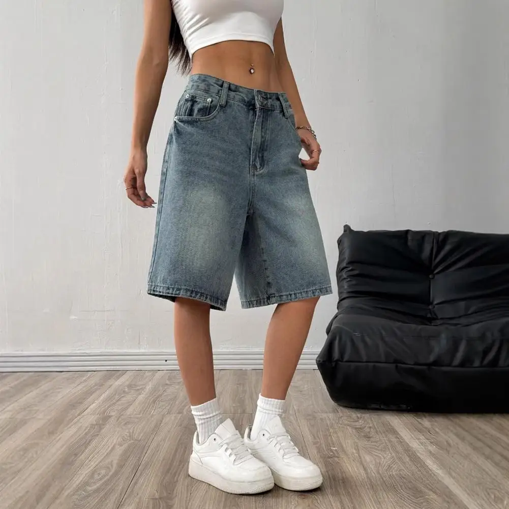 Women's Bermuda Jean Shorts High Waisted Knee Length Baggy Jorts Wide Leg Breathable  Loose Denim Shorts with Pockets