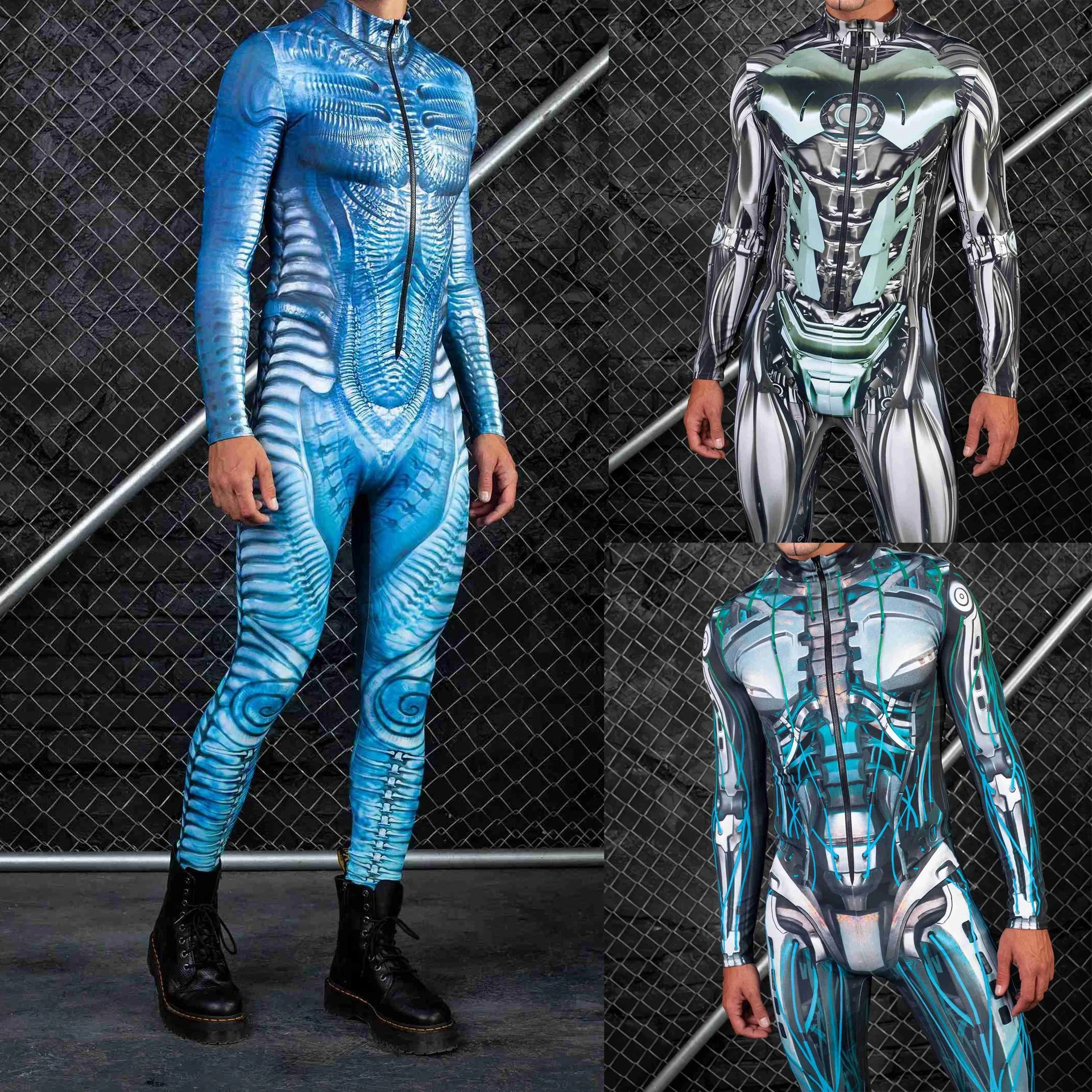 Damen Halloween Skelett Robot Cosplay Kostüm Langarm Jumpsuit Einteiler Overall