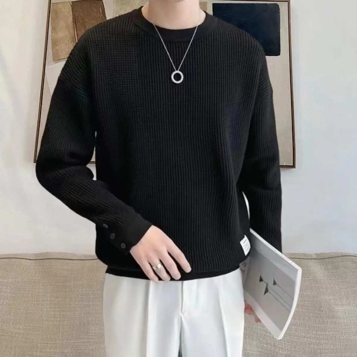 Description Picture 4 of item2024 Fashion Designer Men's Winter White Lazy Wind Sweater High-end Casual Pullover Knitwear Inner Round Neck Base Shirt