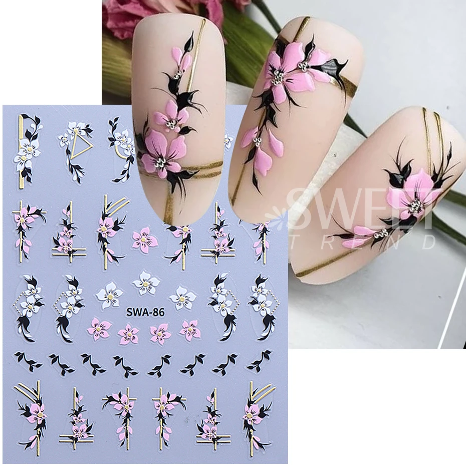 2pcs 3D French Line Flowers Nail Art Stickers Pink White Sakura Petals Florals DIY Spring Summer Elegant Sliders Manicure Decor