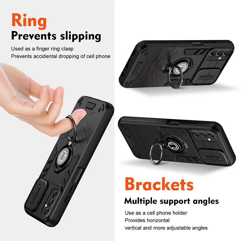 Shockproof Armor Phone Case with Magnetic Ring Holder and Wireless Charging Compatibility