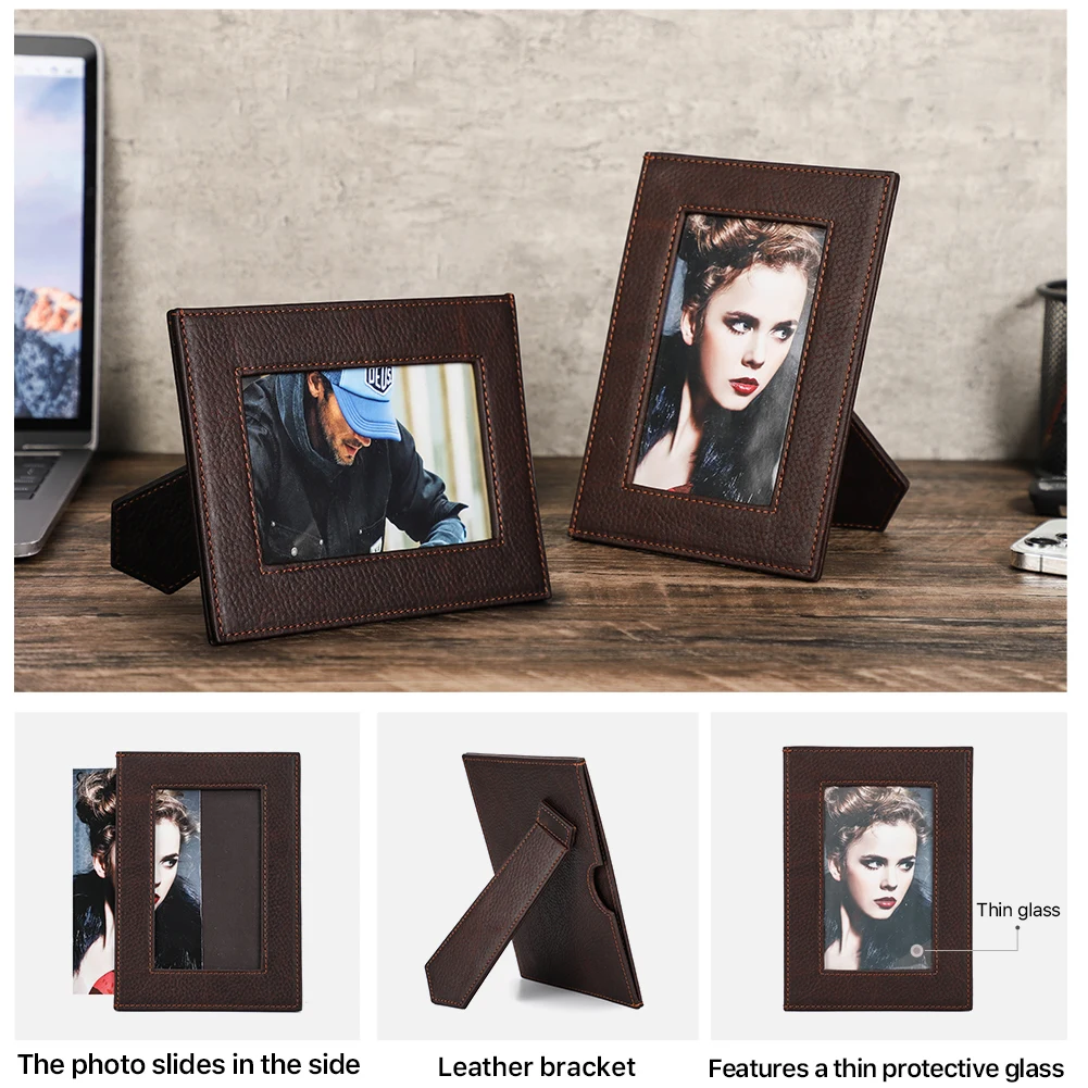 CONTACTS FAMILY Vintage Genuine Leather Desktop Picture Frame Children Family Lover Table Photo Frame