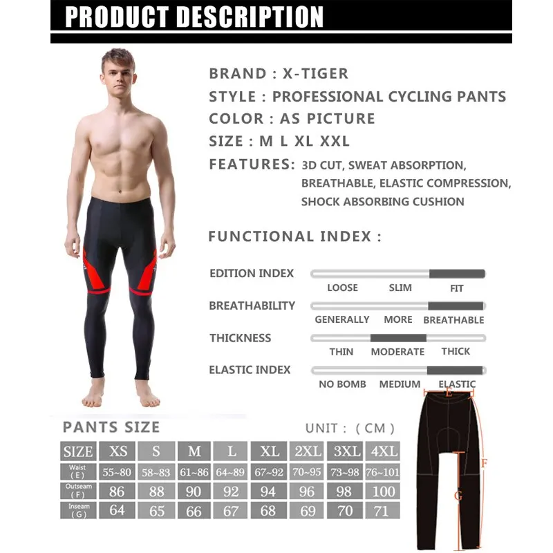Cycling Pants X-TIGER Cycling Pants Spring Autumn Coolmax 5D Gel Pad 100% Lycra MTB