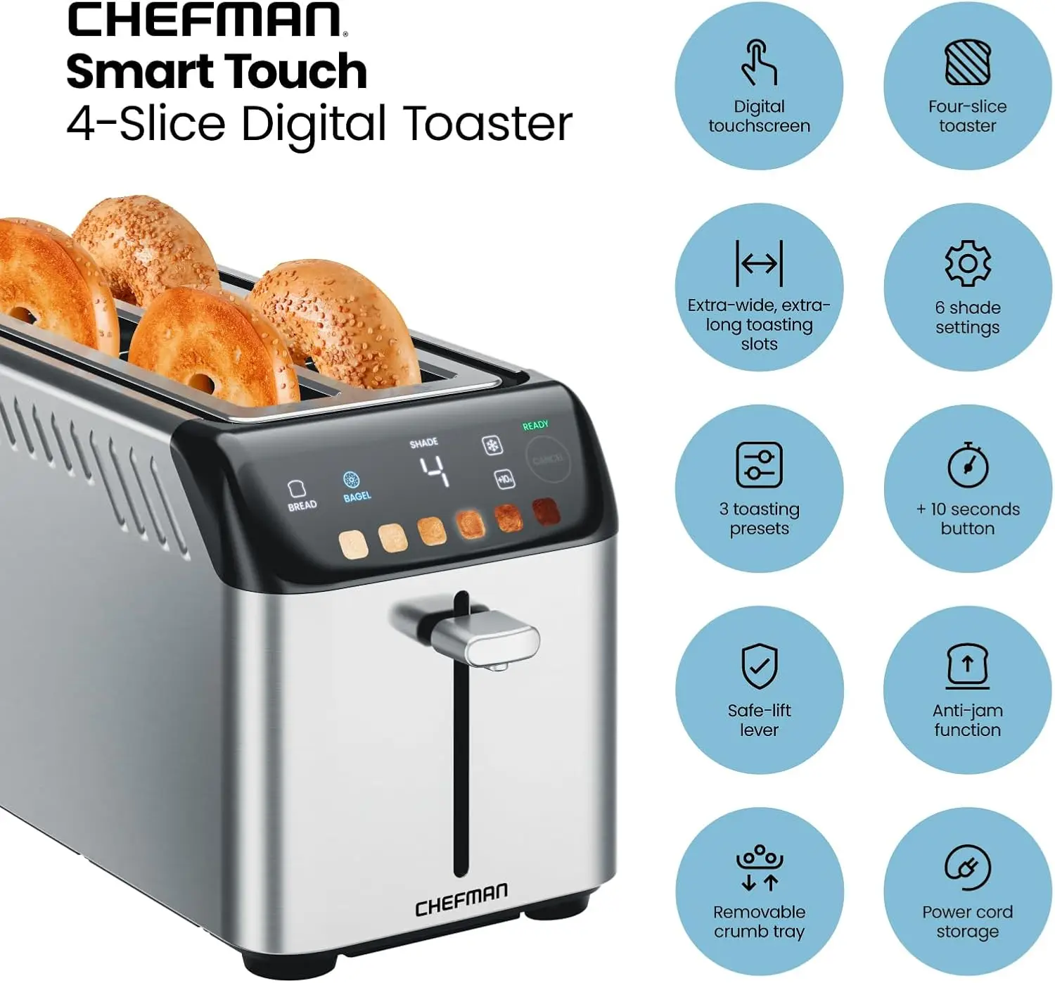 4 Slice Digital Toaster, 6 Shade Settings, Stainless Steel Toaster 4 Slice with Extra-Wide Slots, Thick Bread Toaster 2