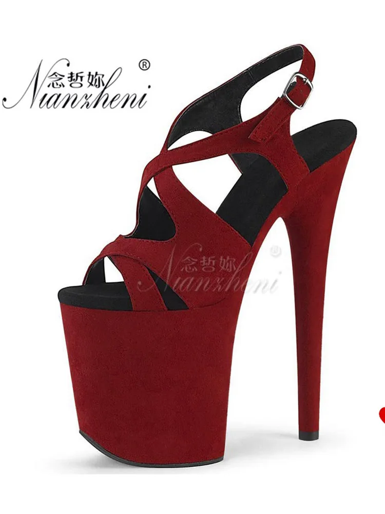 

Red Fashion Thin Heels Full Dress 20cm Flock Platform Sandals Stripper Pole Dance Shoes Big Size Hollow Gladiator Cross Dressing