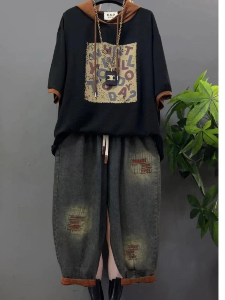 Ensemble jean Vintage grande taille pour femmes, tenue deux pièces décontractée, pantalon en Denim, T-Shirt à capuche imprimé