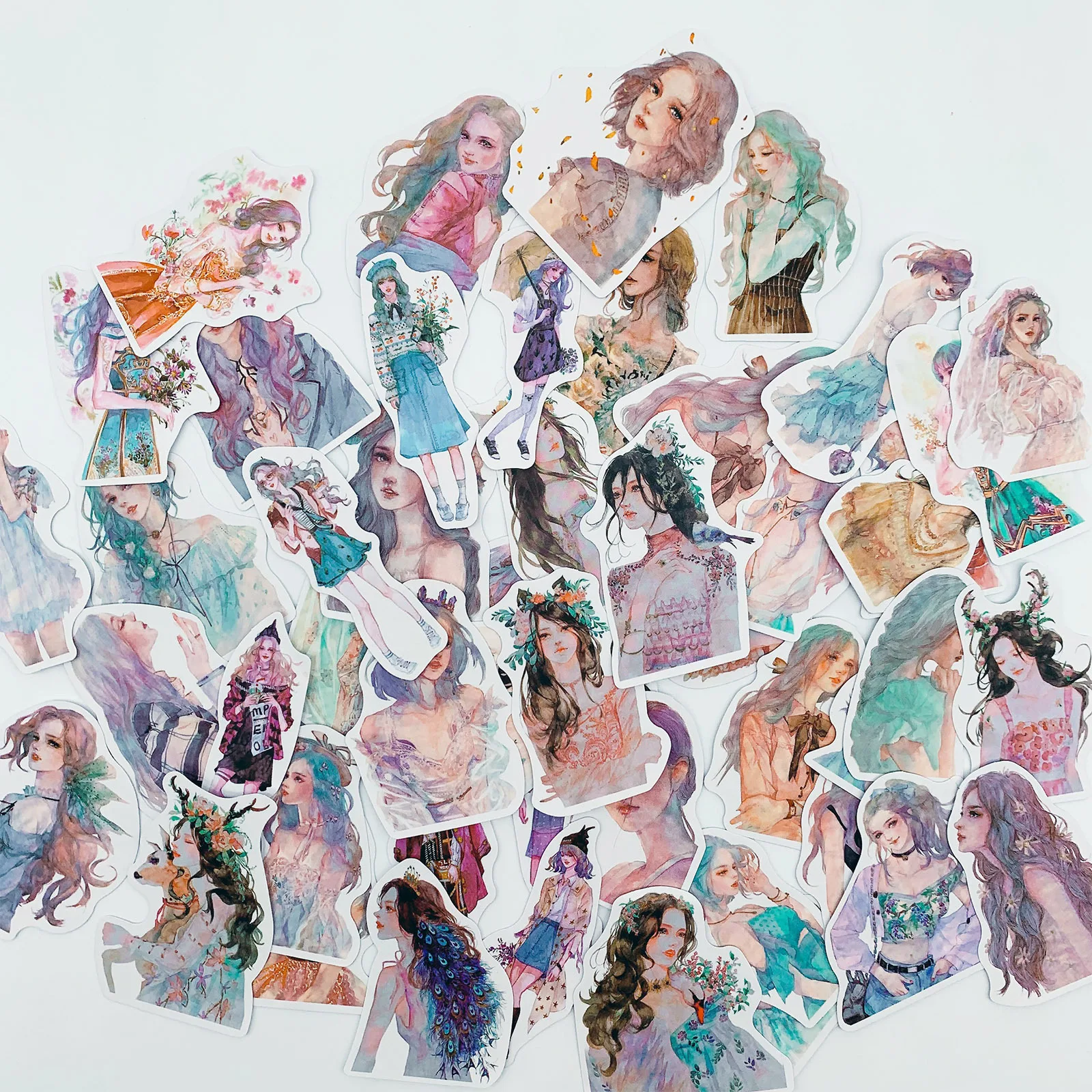 50PCS Vintage Cute Hand Painted Girl Stickers DIY Scrapbooking Collage Phone Diary Album Gift Seal Decoration