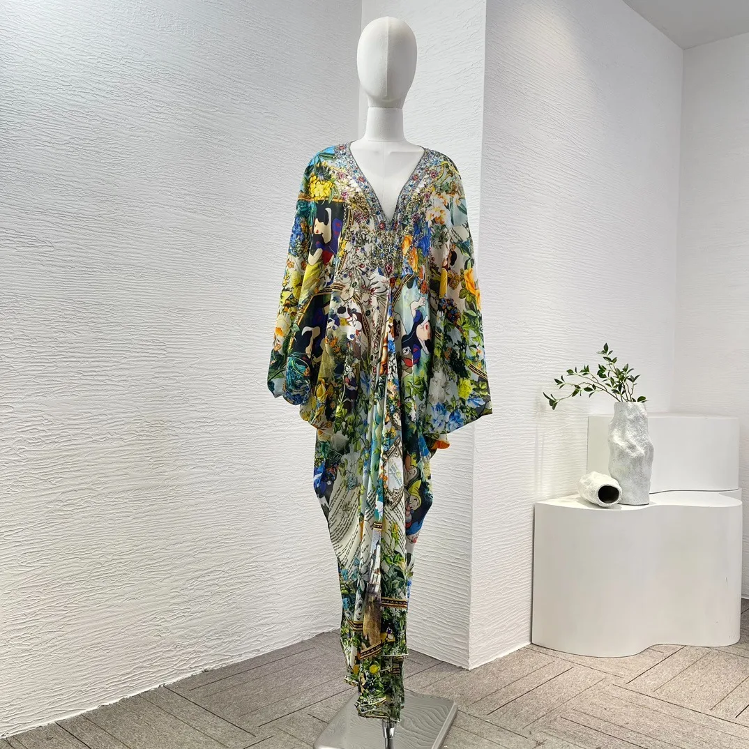 

Green Yellow Cartoon White Princess Seven Dwarfs Print Diamonds Pressed Loose Dress 2024 Summer New Vintage Silk Collection