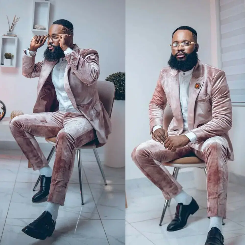 New Velvet Made Pink Groom Tuxedo Peaked Lapel Double Breasted Men Suit Prom Blazer Wedding Mens Suits ( jacket+Pants)