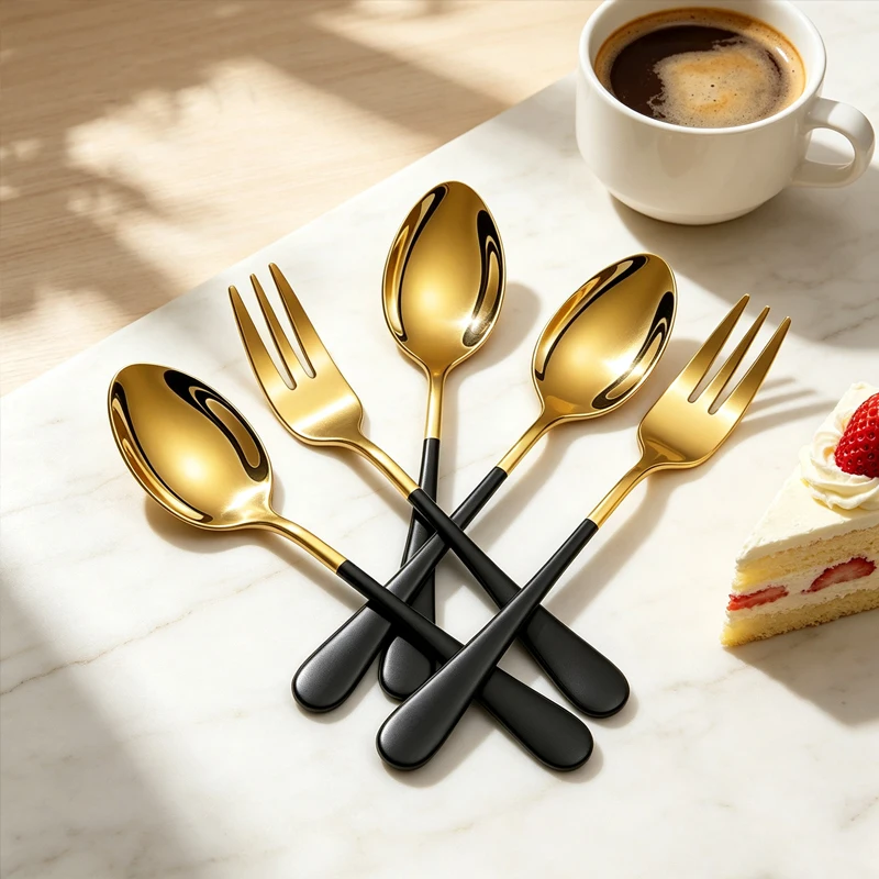 Ensemble de 8/12/16 pièces de couverts en acier inoxydable 1010 pour dessert, couleur or et noir, simple et élégant, pour café, dessert et fruits.