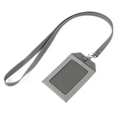 Luxury PU Leather ID Card Holder with Lanyard - Elegant Name Tag Pendant (Grey)